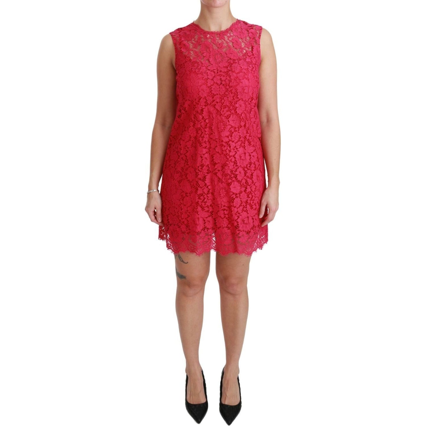 Dolce & Gabbana | Pink Floral Lace Shift Gown Mini Dress | McRichard Designer Brands