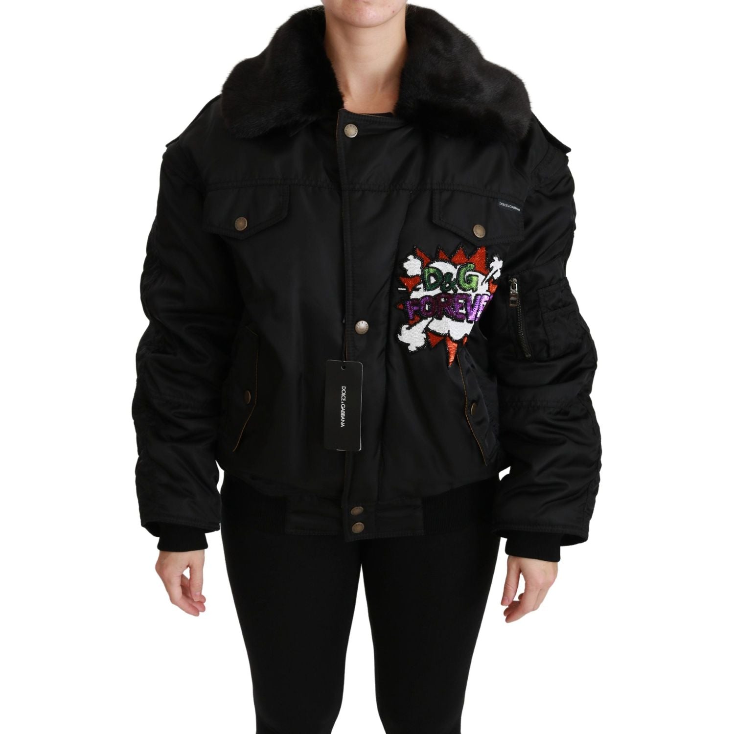 Dolce & Gabbana | Black Queen Crown Sequined Bomber Jacket | McRichard Designer Brands