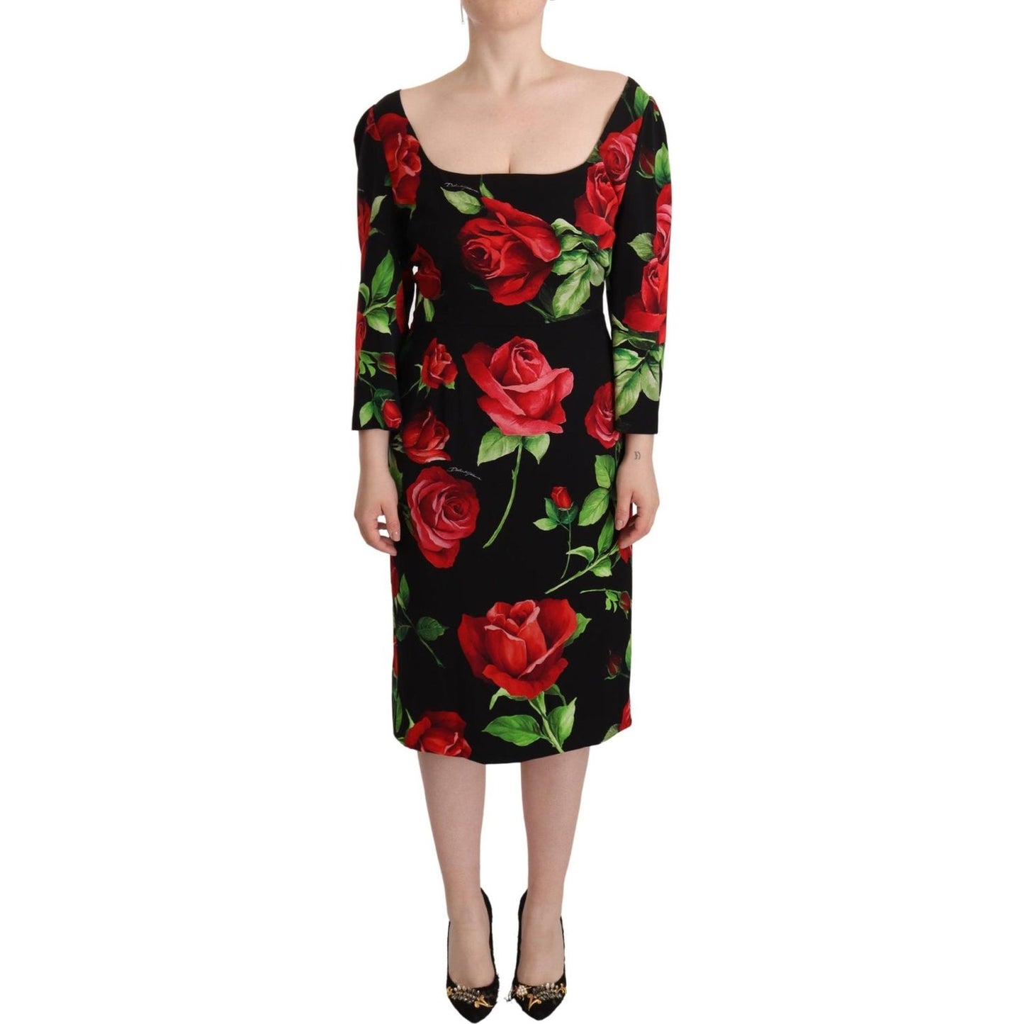 Dolce & Gabbana | Black Red Roses Sheath Stretch Silk Dress | McRichard Designer Brands