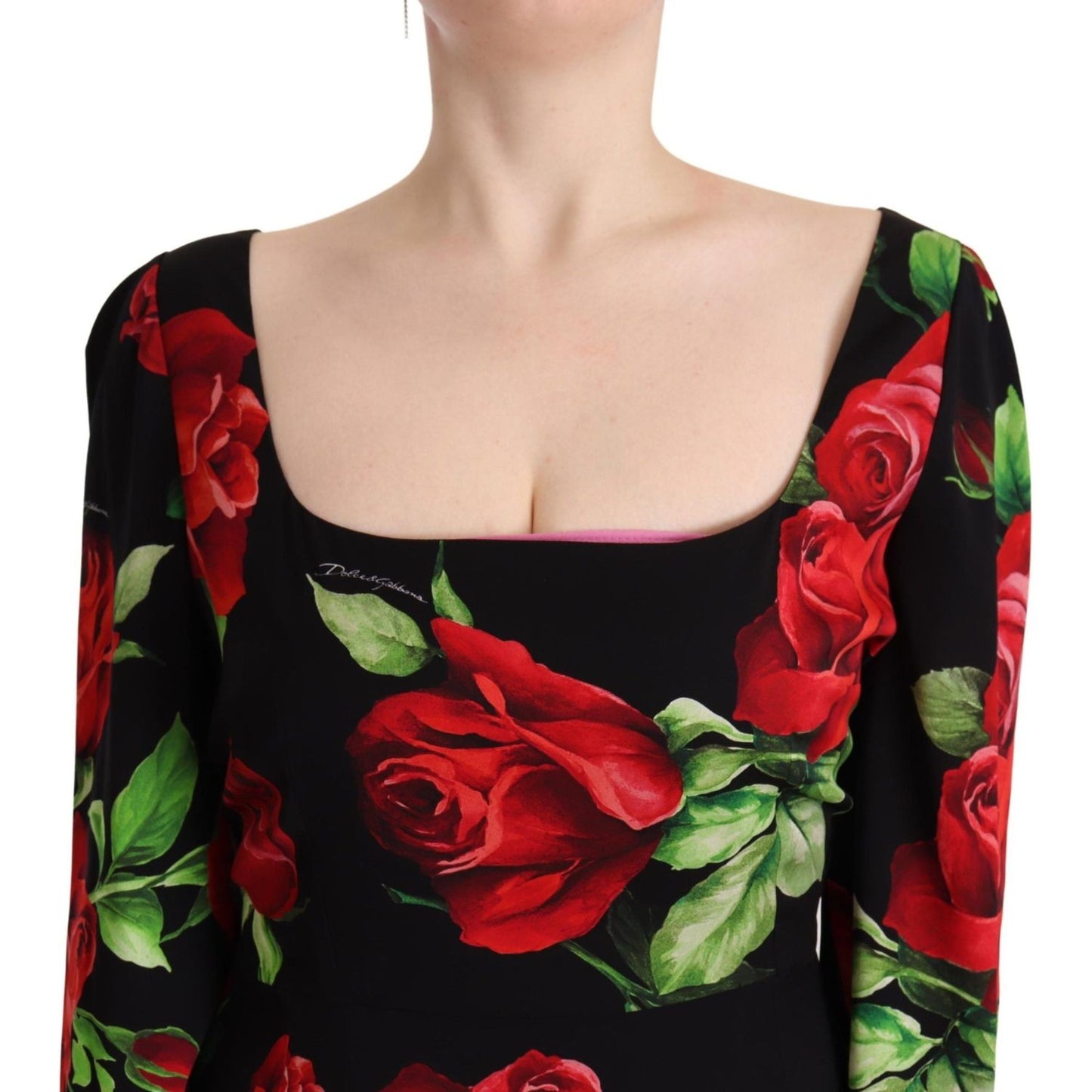 Dolce & Gabbana | Black Red Roses Sheath Stretch Silk Dress | McRichard Designer Brands