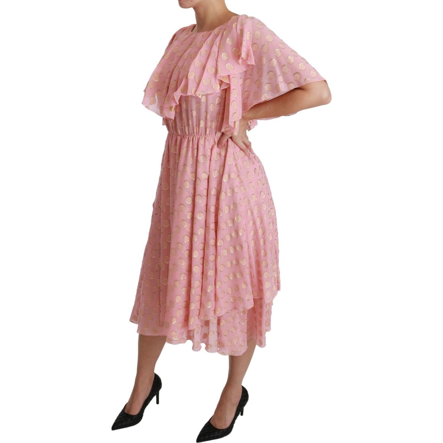 Dolce & Gabbana | Silk Pink Polka Dots Pleated A-line Midi Dress - McRichard Designer Brands