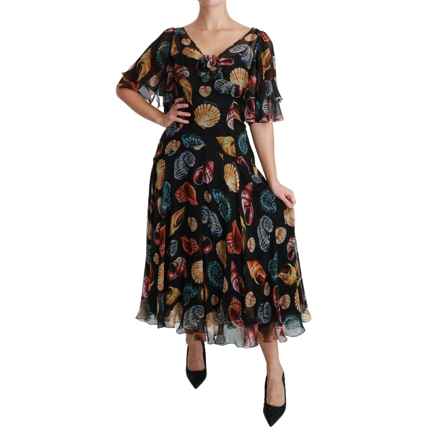 Dolce & Gabbana | Black Sea Shells Maxi A-line Midi Silk Dress | McRichard Designer Brands