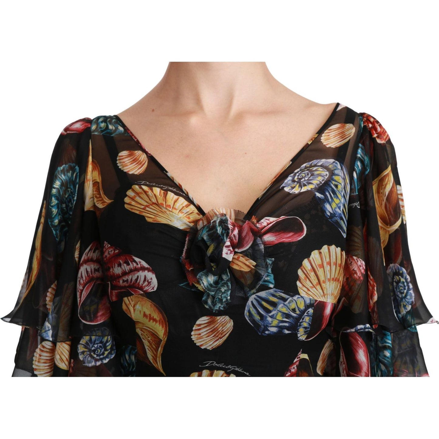 Dolce & Gabbana | Black Sea Shells Maxi A-line Midi Silk Dress | McRichard Designer Brands