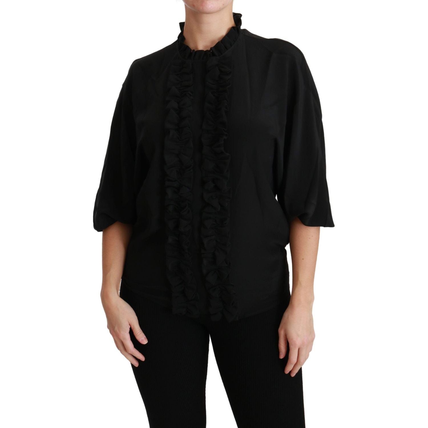 Dolce & Gabbana | Black Silk Shirt Ruffled Top Blouse | McRichard Designer Brands