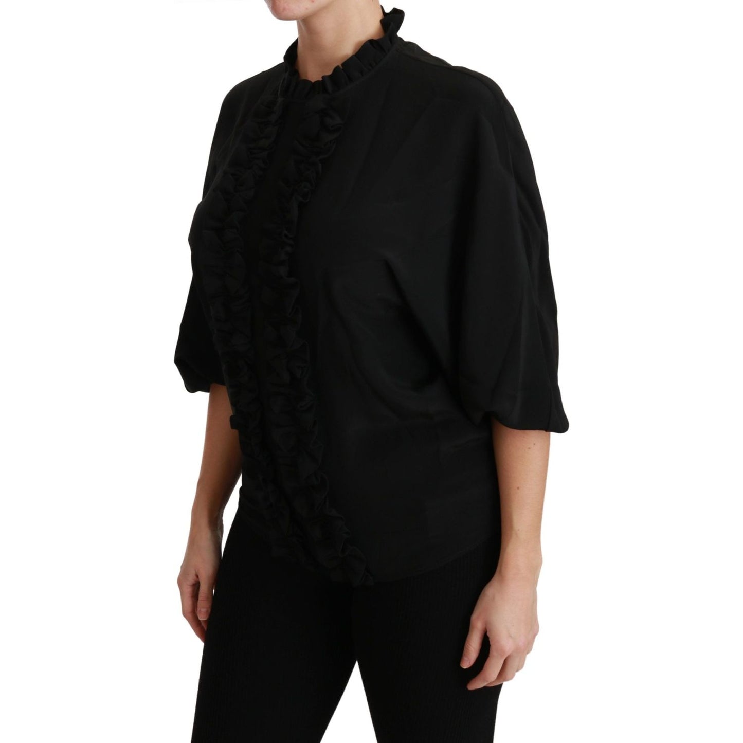Dolce & Gabbana | Black Silk Shirt Ruffled Top Blouse | McRichard Designer Brands