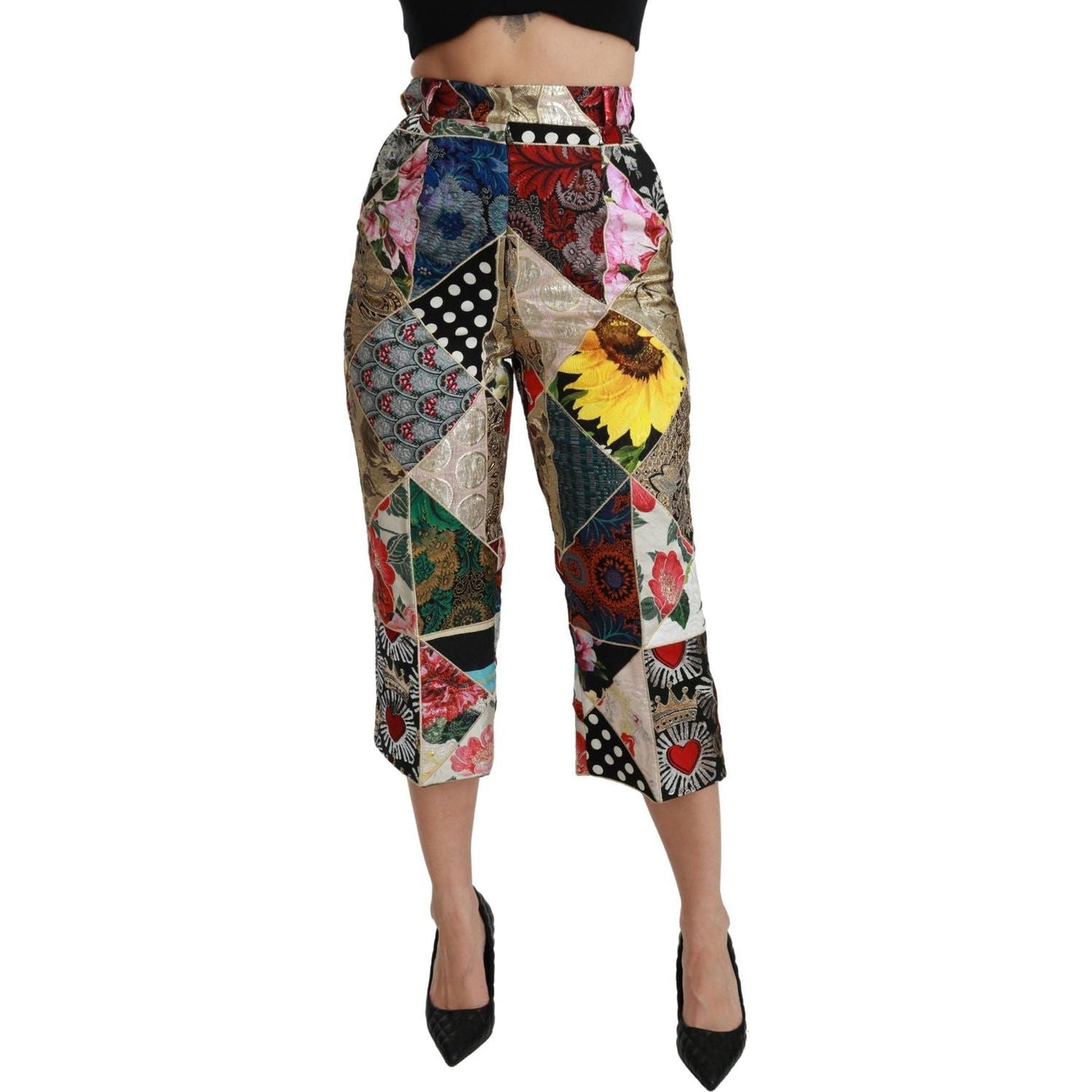 Dolce & Gabbana | Silk Multicolor Print High Waist Cropped Pants | McRichard Designer Brands