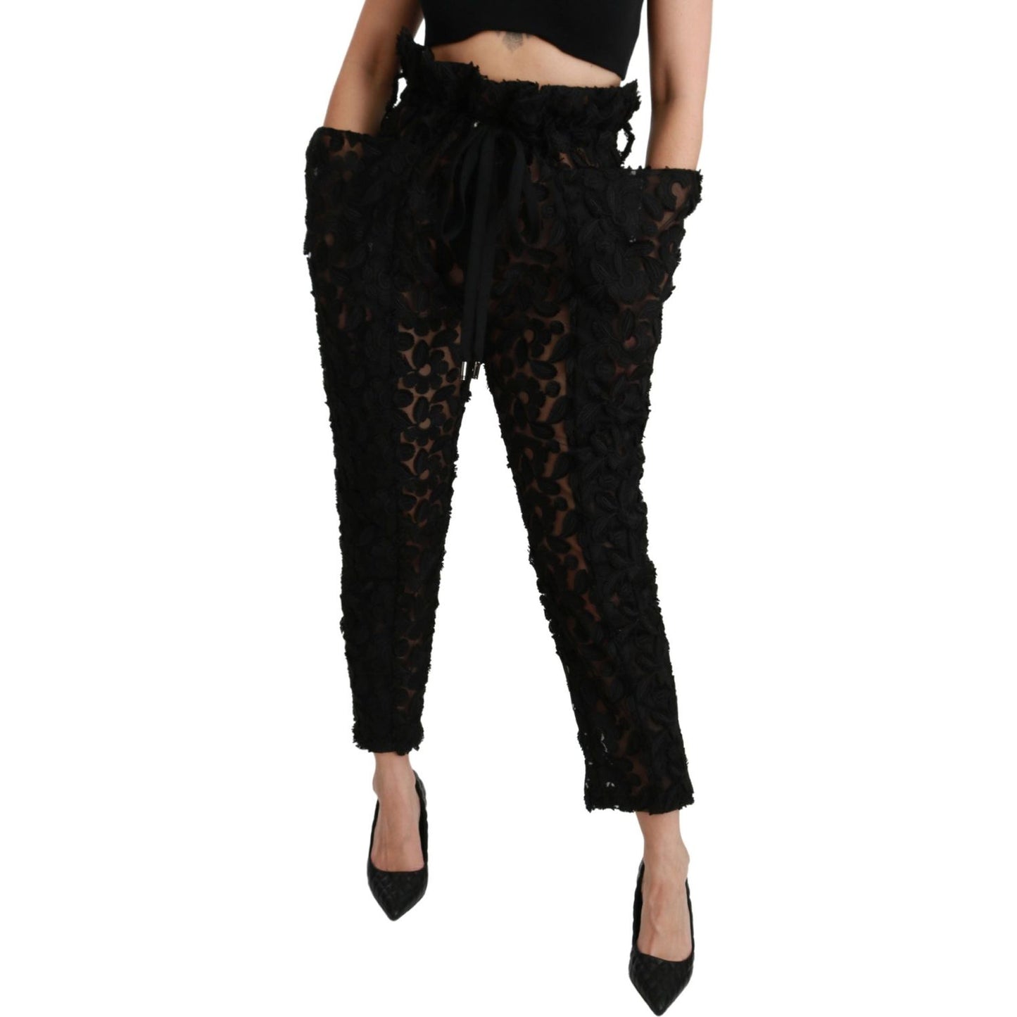 Dolce & Gabbana | Black Floral Lace Tapered High Waist Pants | McRichard Designer Brands