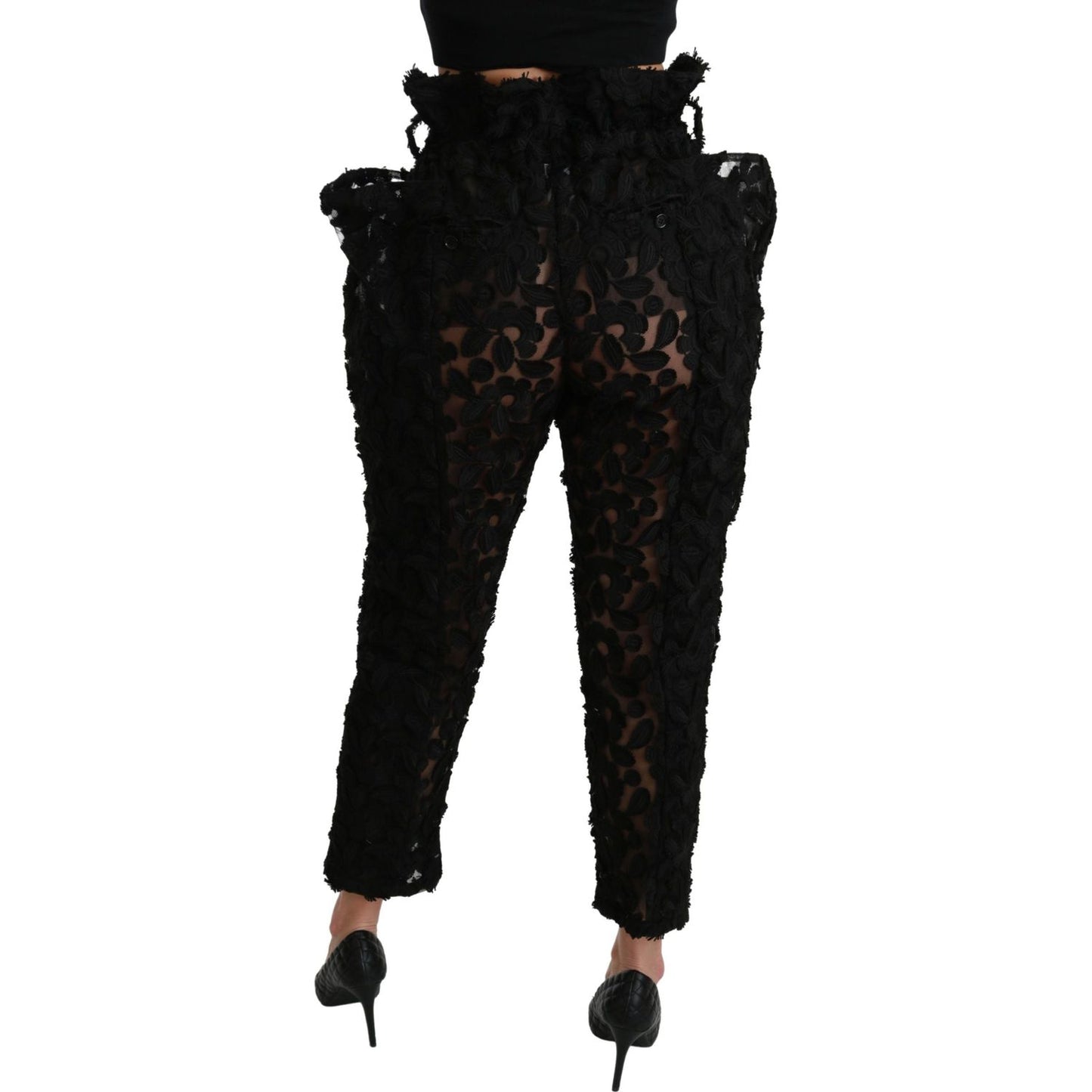 Dolce & Gabbana | Black Floral Lace Tapered High Waist Pants | McRichard Designer Brands