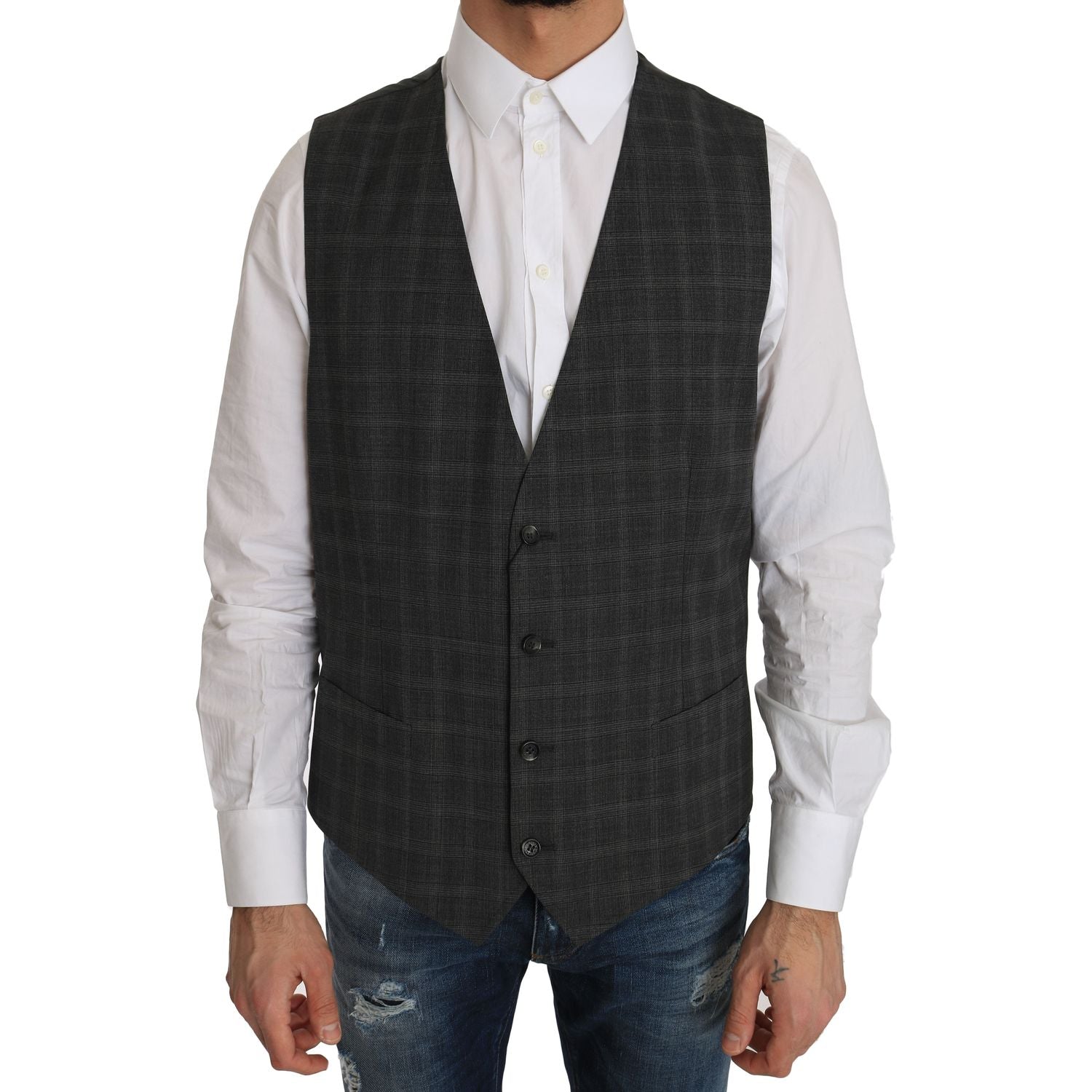 Dolce & Gabbana | Gray Wool STAFF Checkered Stretch Vest | McRichard Designer Brands