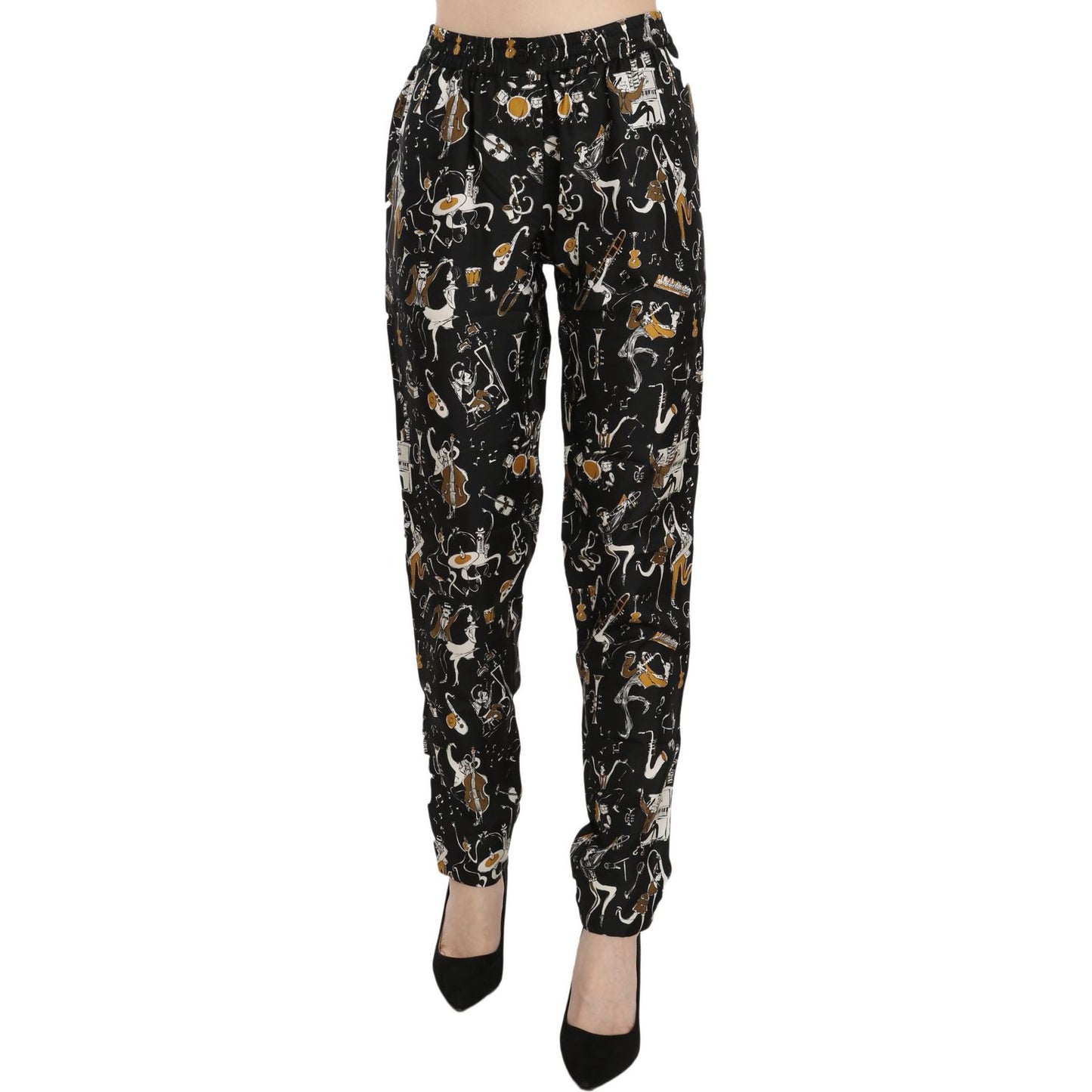 Dolce & Gabbana | Black Jazz Club Print High Waist Tapered Pants | McRichard Designer Brands