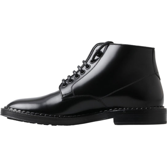 Black Leather Men Short Boots Lace Up Shoes