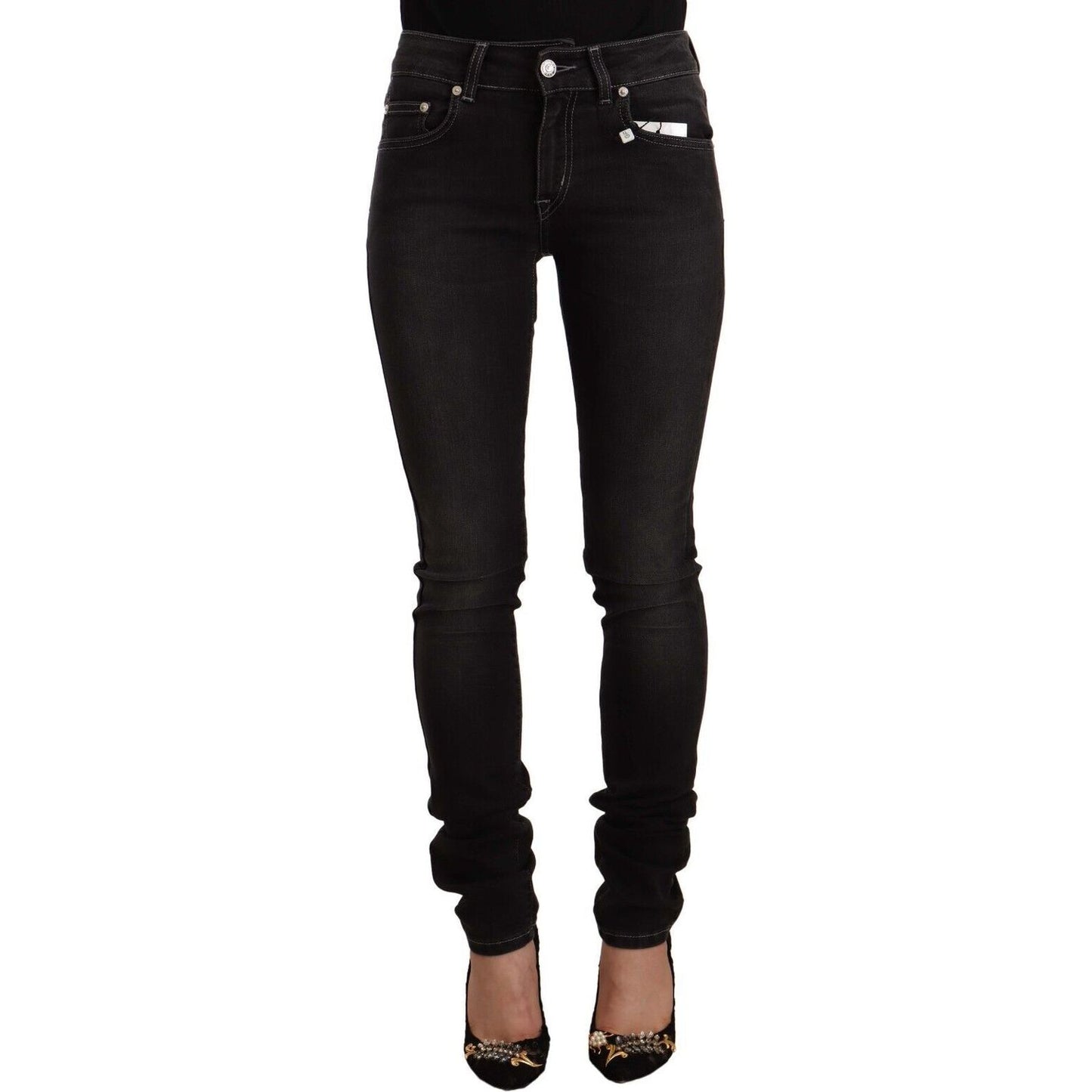 GF Ferre | Black Washed Mid Waist Cotton Skinny Slim Fit Jeans | McRichard Designer Brands