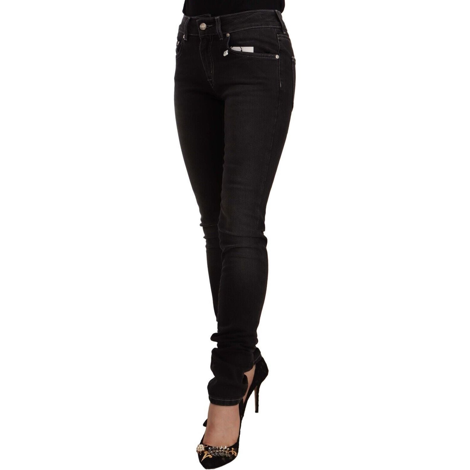 GF Ferre | Black Washed Mid Waist Cotton Skinny Slim Fit Jeans | McRichard Designer Brands