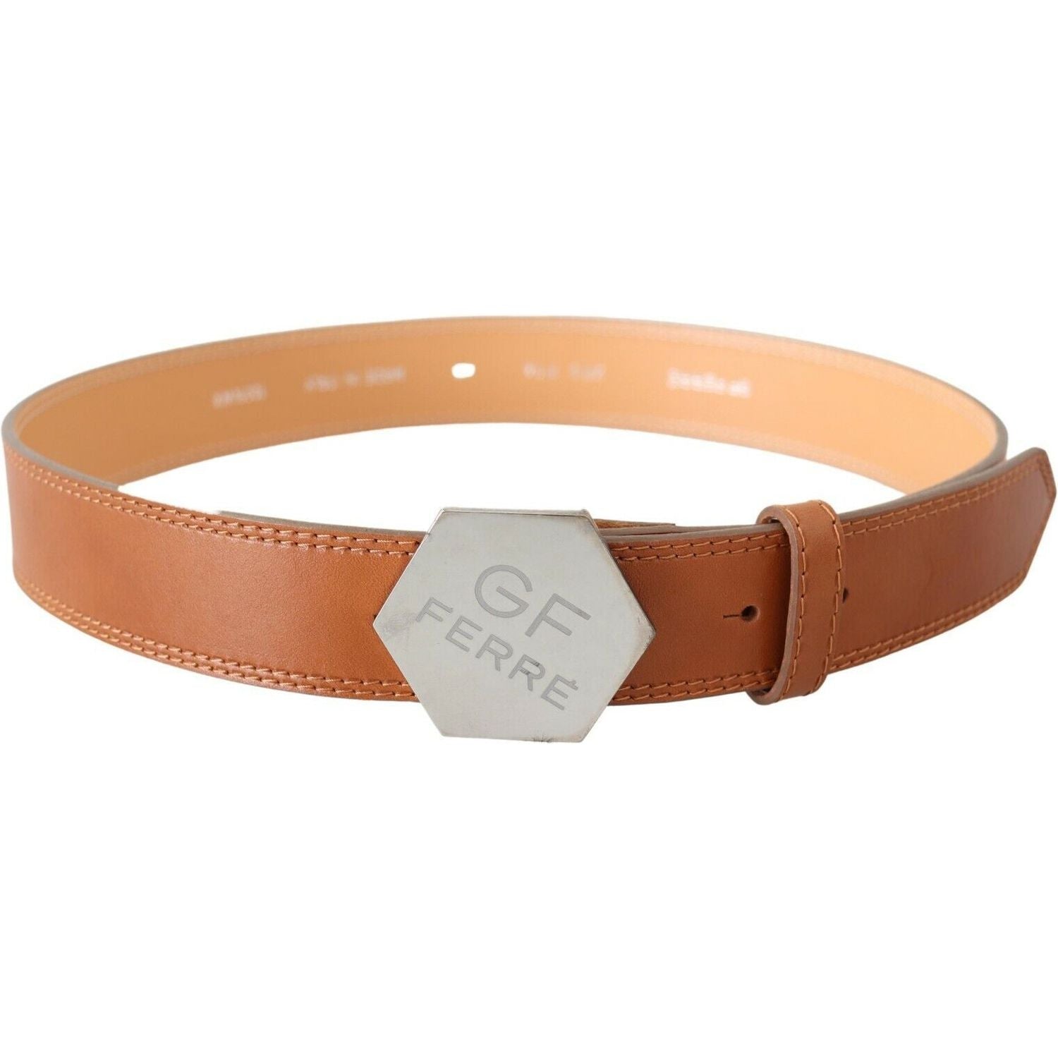 GF Ferre | Brown Silver Logo Hexagon Buckle Waist Leather Belt WOMAN BELTS | McRichard Designer Brands