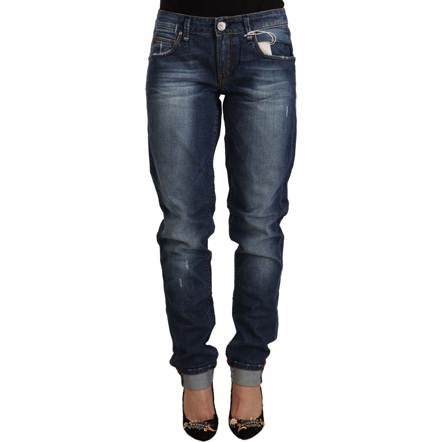 Acht | Blue Washed Mid Waist Slim Fit Denim Folded Hem Jeans | McRichard Designer Brands