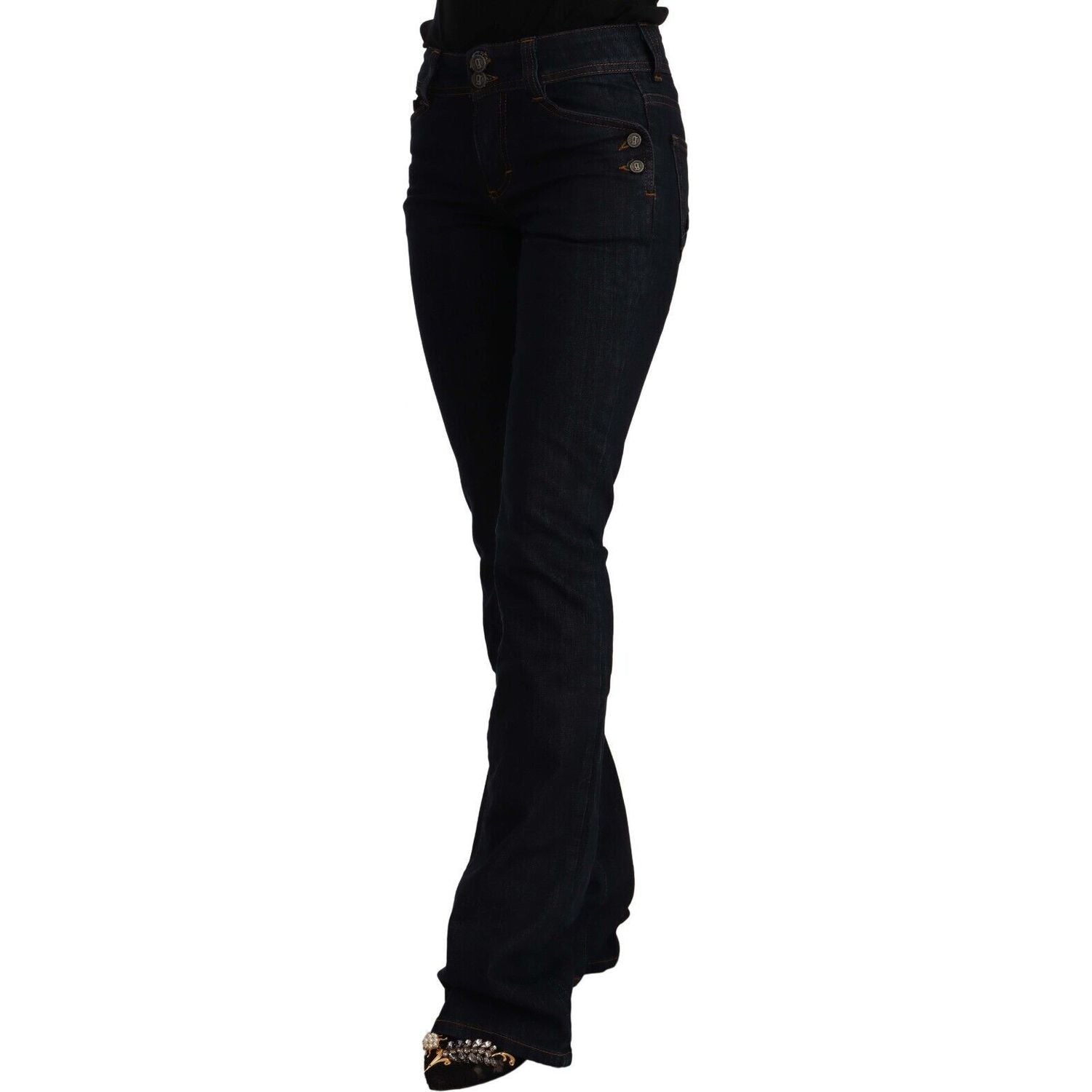 John Galliano | Black Mid Waist Cotton Women Denim Flared Jeans | McRichard Designer Brands