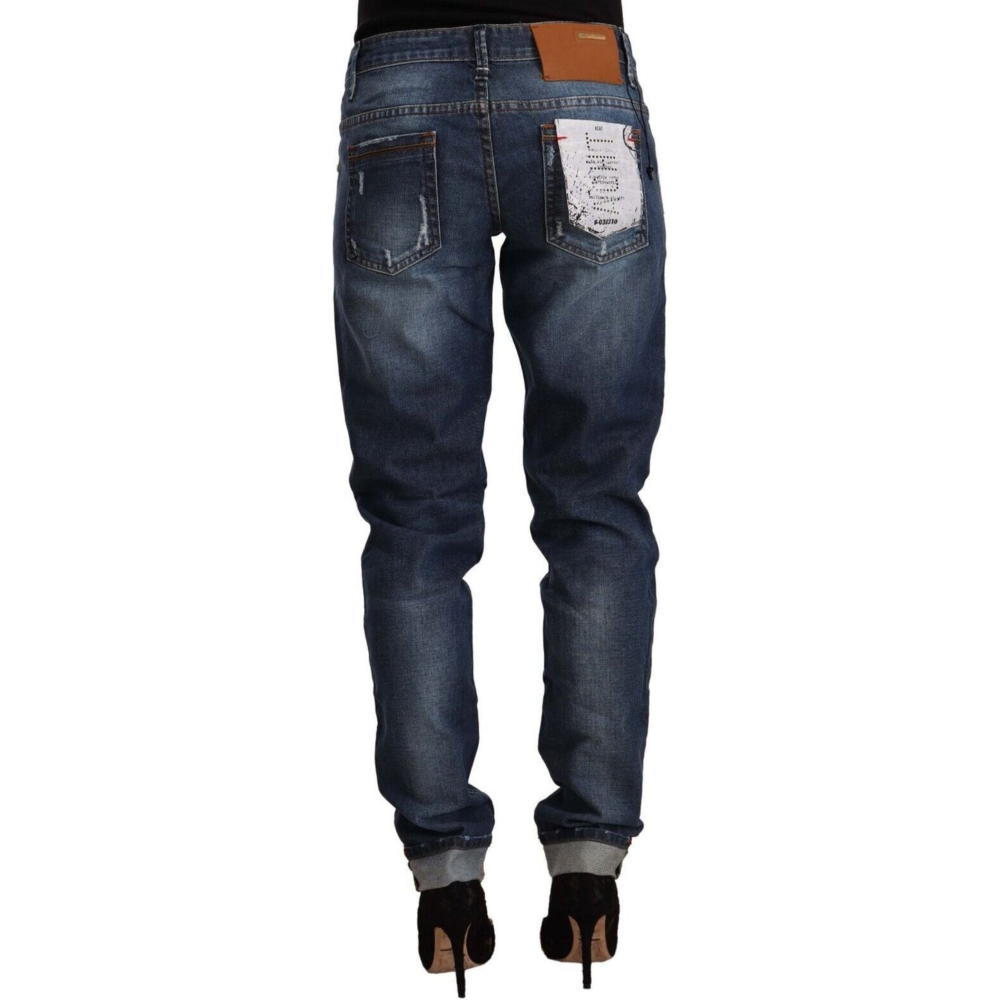 Acht | Blue Washed Mid Waist Slim Fit Denim Folded Hem Jeans | McRichard Designer Brands