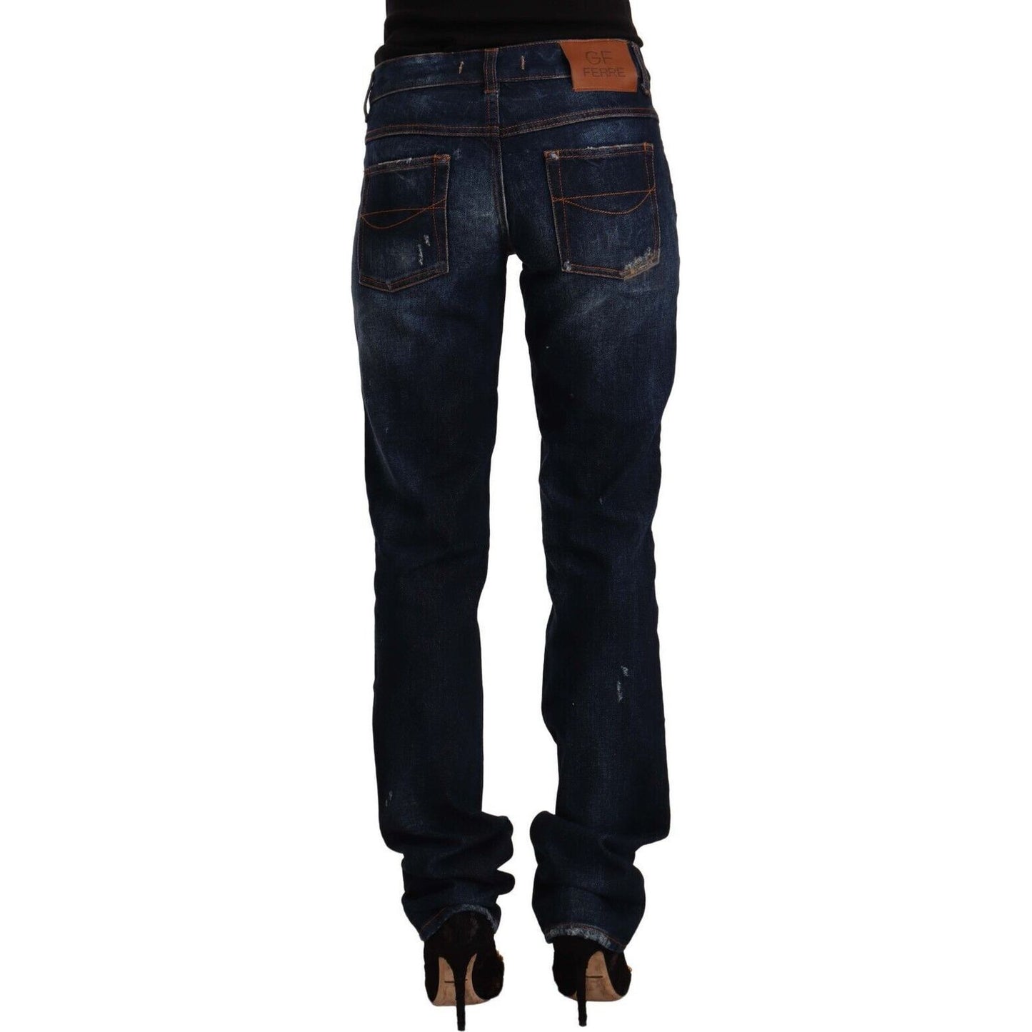 GF Ferre | Dark Blue Washed Mid Waist Cotton Denim Straight Jeans | McRichard Designer Brands