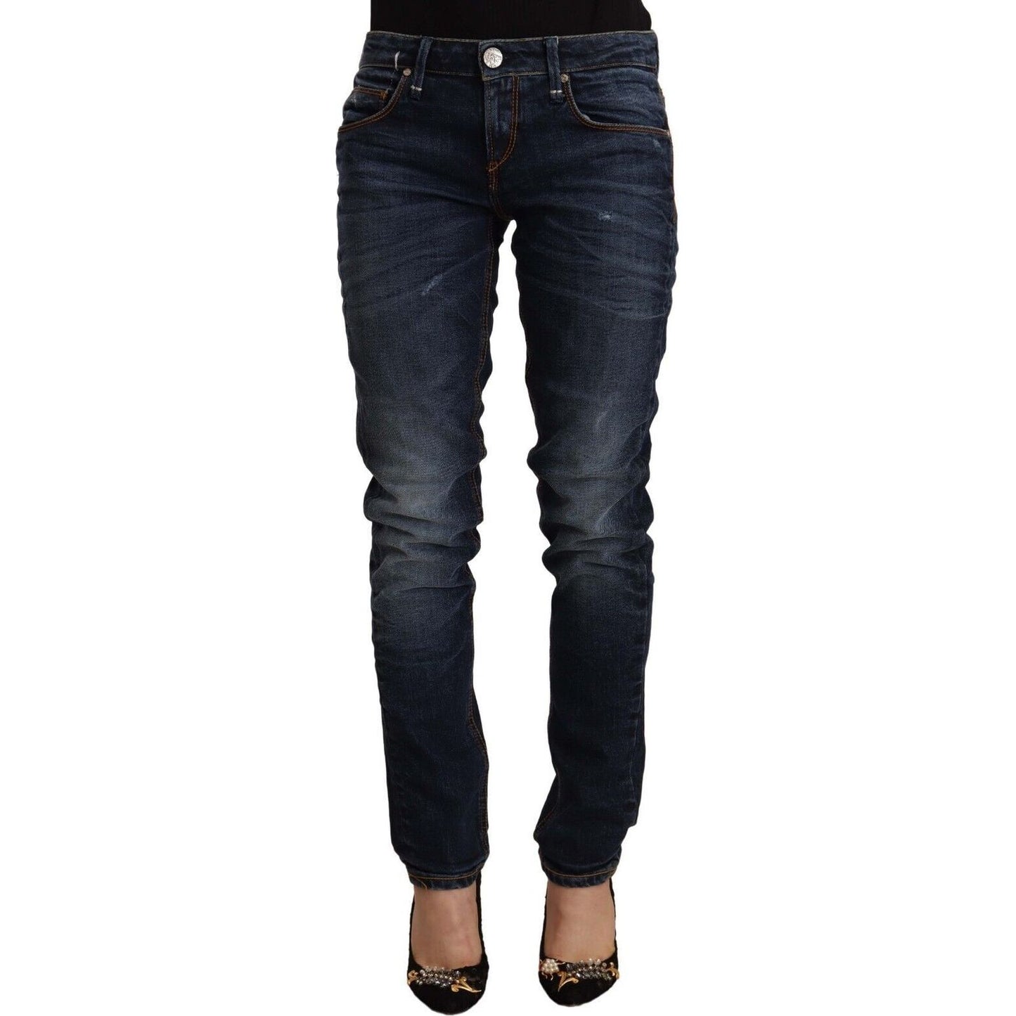 Acht | Blue Washed Cotton Mid Waist Skinny Denim Jeans | McRichard Designer Brands