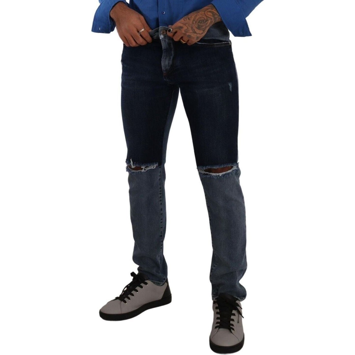 Dolce & Gabbana | Blue Two Tone Tattered Cotton Slim Denim Jeans  | McRichard Designer Brands