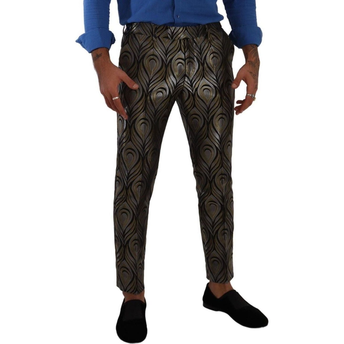 Dolce & Gabbana | Silver Gold Jacquard Men Trouser Dress Pants  | McRichard Designer Brands