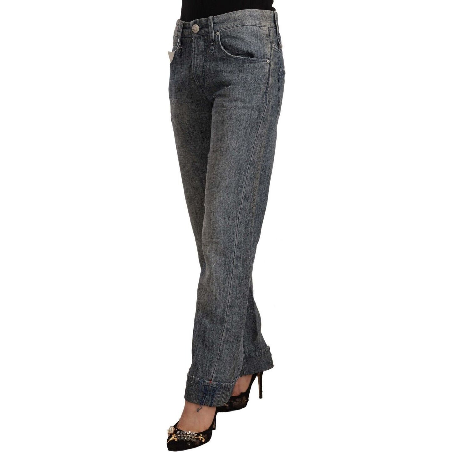 Acht | Gray Washed Mid Waist Straight Denim Folded Hem Jeans | McRichard Designer Brands