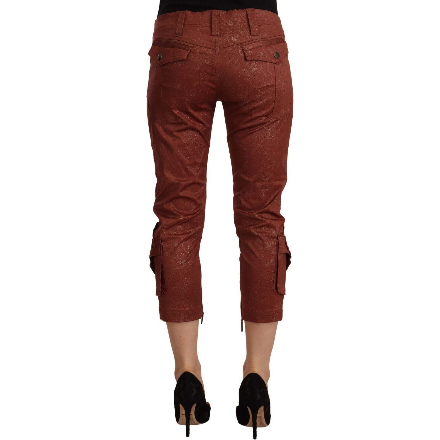 Just Cavalli | Brown Lurex Mid Waist Cotton Cropped Capri Pants | McRichard Designer Brands