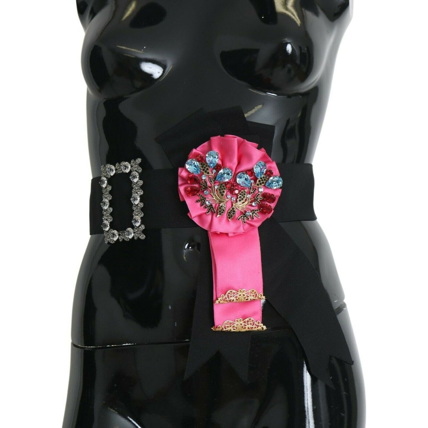 Dolce & Gabbana | Black Pink Flower Brooch Crystals Cotton Belt - McRichard Designer Brands